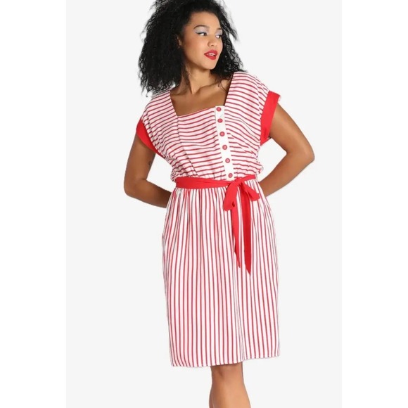 Hell Bunny Dresses & Skirts - Hell Bunny Ahoy Dress XL UK 16 Red White Striped Nautical Retro Button Summer